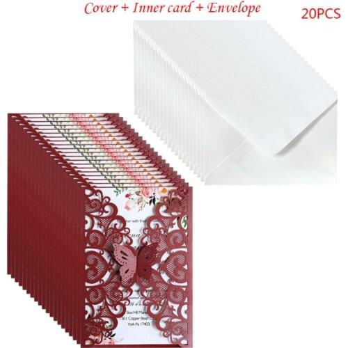 20pcs/set Butterfly Wedding Invitations Card Hollow Lace Glitter Paper Envelopes X4YD