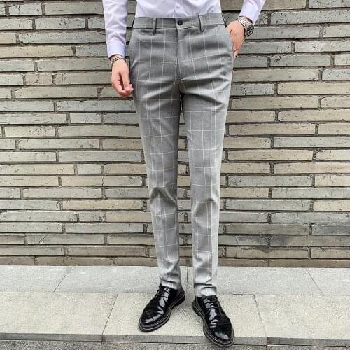 2021 Black Gray Plaid Dress Pants Slim Fit Pantalones Hombre Business Pantalon Homme Classique Men Suit Pants Formal Mens Pants
