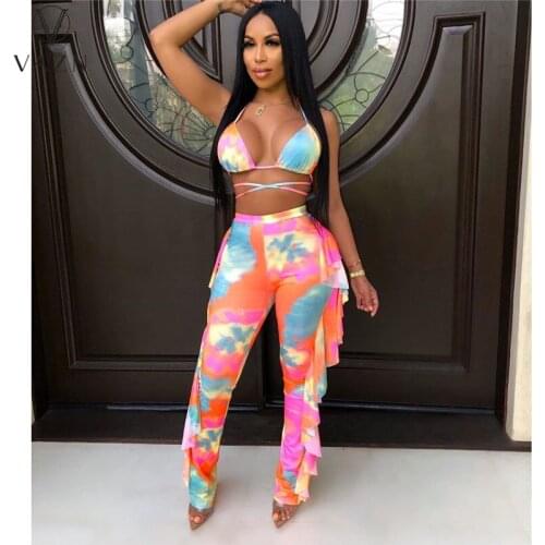 VAZN 2021 European and American Womens Net Printed Flounce Beach Pants Spot Without Underwear Jacket