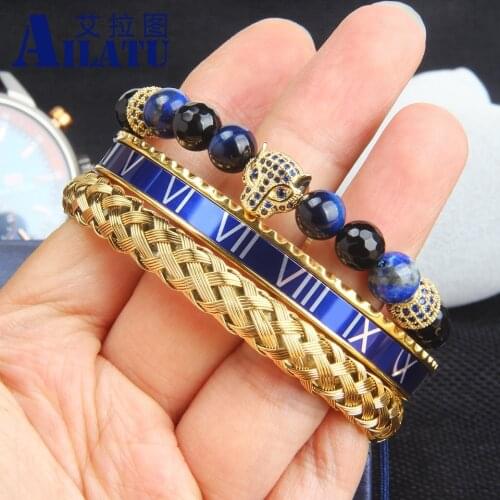 3pcs/set New Luxury Men Titanium Steel Roman No. Wave and Mesh Friendship Bangles Blue Cz Panther Sets Bracelet Logo Service