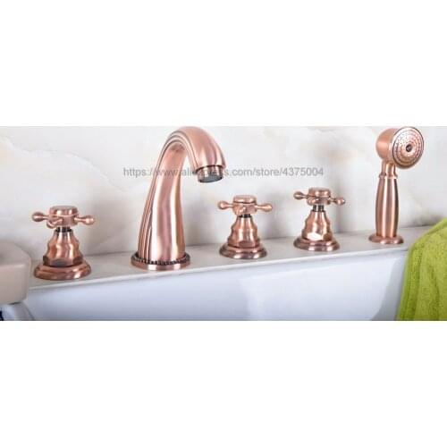 5 pc Widespread Antique Red Copper Bathtub Sink Faucet Deck Mounted with Handshower Bathroom Roman Tub Taps Ntf182