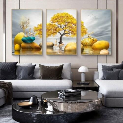 Abstract Painting Golden Tree Elk Landscape Canvas Poster Print Modern Wall Art Light Luxury Living Room Decoration Picture