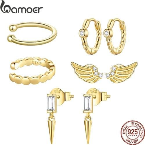 Bamoer Simple Golden Wing Stud Earrings 925 Sterling Silver Geometric Earrings Ear Cuff Round Crystal French Ear Buckle Gift