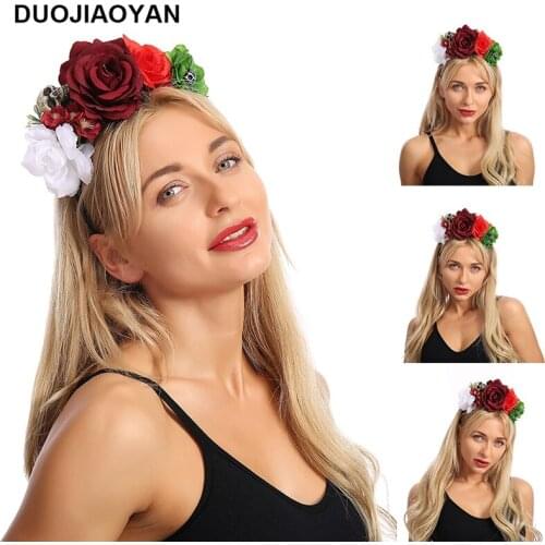 DUOJIAOYAN New cheap handmade big rose flower skull ladies headband custom personalized Halloween headband women