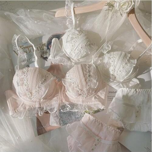 Kawaii Sexy Japanese Ddlg Honeymoon Lingerie Cute Set Lace Underwear White Pink Nightwear Push Up Bra and Panty Thong Bralette