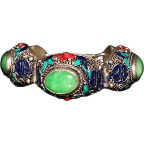 Chinese Old Tibetan Silver Inlaid Emerald Cloisonne Silk Bracelet