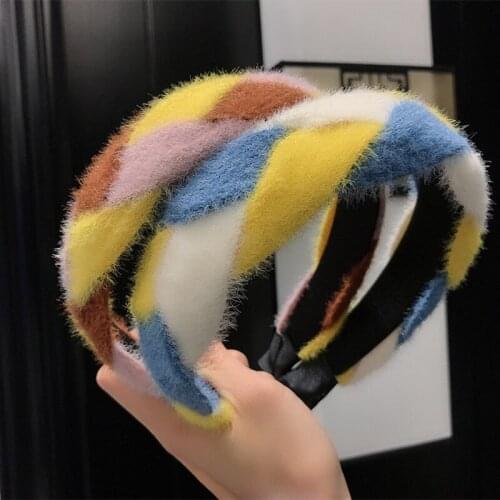 Colorful Grid Plush Headband Hair Hoop Headwear High-end Cute Plaid Striped Girls Hair Accessories Rainbow Headbands Wholesale