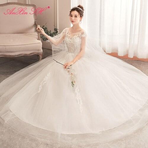 AXJFU princess flower lace wedding dress party vintage o neck flare sleeve illusion ball gown white bride wedding dress