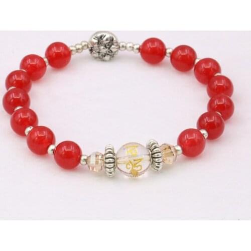 Natural Stone Round Beads Beaded Bracelet Bangle Yoga Jewelry Elastic Rope Chain Religious Tibetan Six Word Truth 7.5inch Y1035