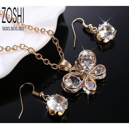 New Fashion Wedding CZ Crystal Butterfly Jewelry Set for Women Gold Color Necklace Round Drop Earrings Africa Jewelry Set Bijoux