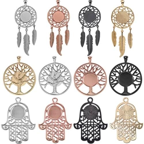 4pcs Life Tree Hand Palm Charm Dream Catcher Pendant Blank Bezel Tray 14mm Cabochon Base Setting DIY Necklace Jewelry Findings