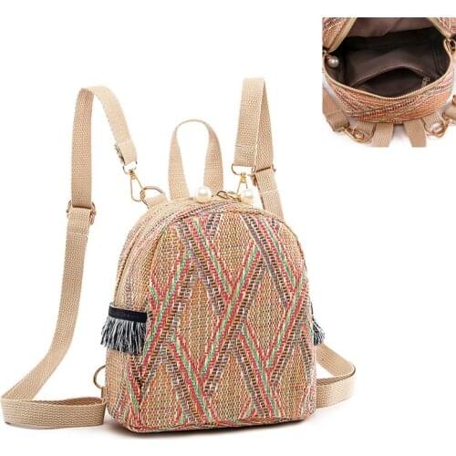 Female Summer Straw Beach Bag Womens Fashion School Backpacks Hollow Designer Travel Bag Womens Fabric Backpack 2021 M064
