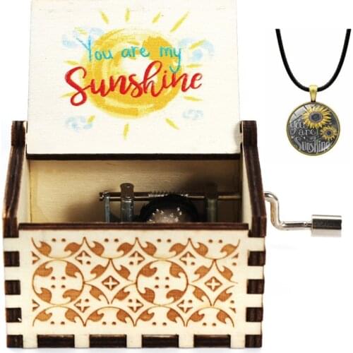 Hand Cranked Wood Engraved Music Box With Necklace - You are My Sunshine, Gift Wife To Daughter For Son Love Grandma