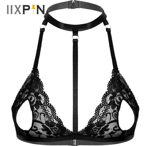 Sexy Womens Erotic Lingerie Bra Top Hollow Out Unlined Wireless See-through Bra Ladies Halter Neck Strappy Lingerie Hot Bra