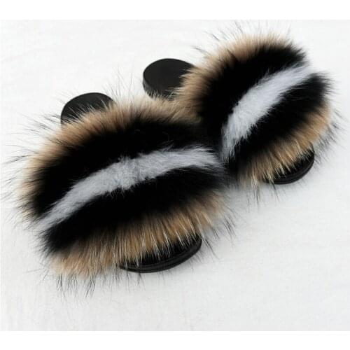 Womens Real Fox Fur Slippers Girls Colorful Plush Fluffy Slides Female Indoor Flip Flops Ladies Furry House Shoes Large Size45