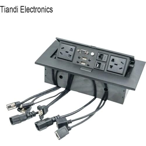 Hidden zinc alloy pop up black right angle tabletop socket outlet with 3.5 audio VGA interface dual USB data and RJ45 connector