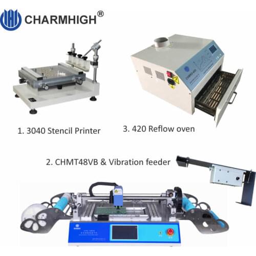 SMT Production line: 3040 Stencil Printer + CHMT48VB Pick and Place machine + Vibration Feeder + Reflow oven 420