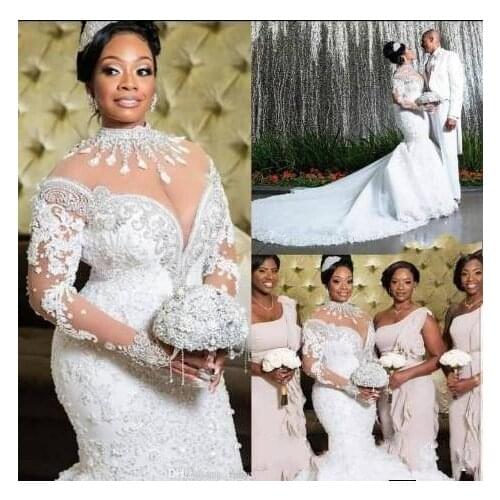 South African Mermaid Wedding Dresses Lace Crystals Beading Long Sleeves Bridal Gown High Neck Sheer Neck Plus Size Vestiods
