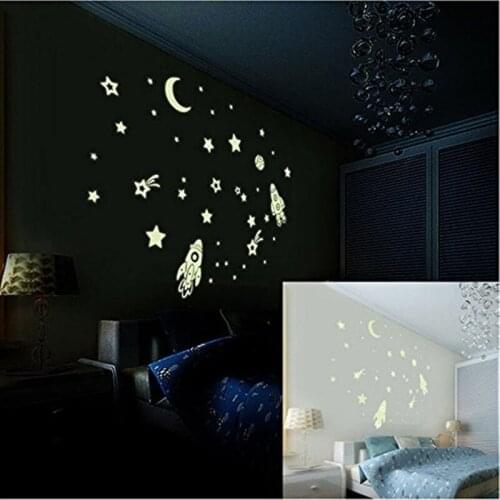 Luminous Space Stars Planet Rocket Wall Stickers For Kids Room Home Decoration Wall Stickers Glow In The Dark Bedroom Ceiling