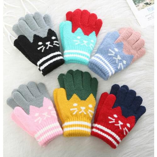 Cat Splice Mittens Winter Baby Boys Girls Knitted Gloves Warm Rope Full Finger Mittens Gloves for Children Toddler Kids 6 Colors