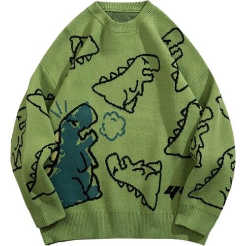 Harajuku Knitted Sweater Pullover Streetwear Cartoon Dinosaur Pattern Sweater Hip Hop Streetwear Woemn and Men Unisex Tops