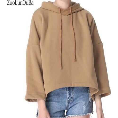 Spring Autumn Short Hoodies Women Sweatshirt 2019 New Coat Half Sleeve Black Pink Pullovers Loose Casual Hooded cotton