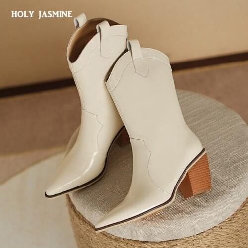 2022 New Fashion Genuine Leather Boots Women Slip on Thick High Heels Western Boots Ladies Shoes Autumn Winter Modern Boots