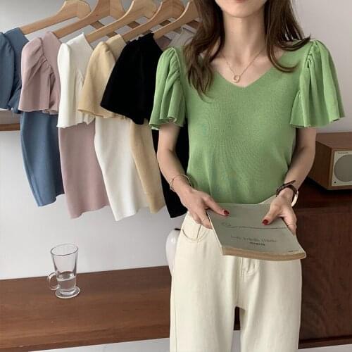 2021 Summer New Korean Temperament Commute Lotus Leaf Pullover Short Knitted Sweater Top V Neck Short Sleeved Woman Tee Tshirts