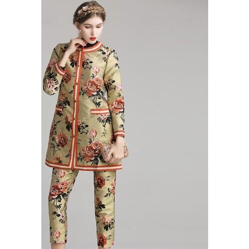 Winter High-End Jacquard Two Piece Set Vintage Style O-Neck Coat+Pants Elegant 2 Piece Set Women M-2XL