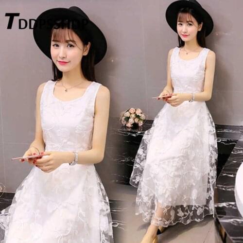 2019 Sleeveless Lace Chiffon Women Dress Sweet Refreshing Beach Summer Fairy Female Dresses