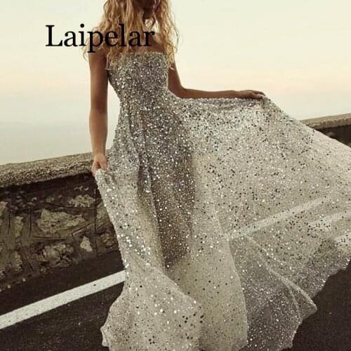 2020 Women Sexy Elegant Fit And Flare Solid Sequins Dress Strapless Wedding Party Sleeveless Long Dresses Party