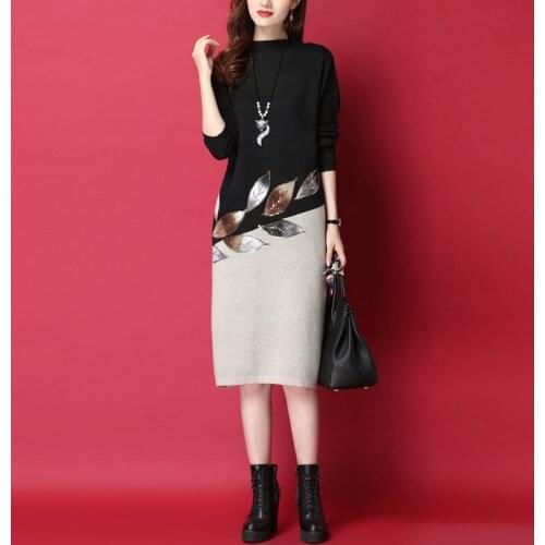 Women 2021 Autumn Winter Fashion Long Sleeved Patchwork Dress Female Straight Knitted Dresses Ladies Loose Sweater Vestidos M213