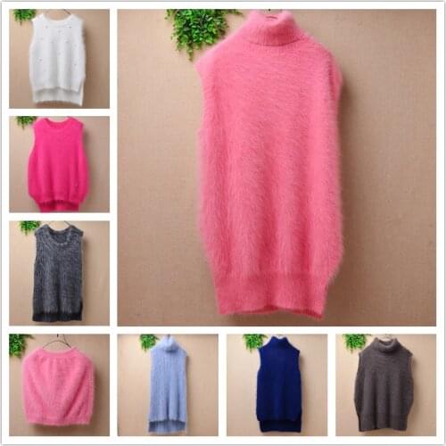 Ladies women fashion hairy fuzzy angora rabbit hair loose sleeveless pullover vest mink fur cashmere jumper dress sweater pull