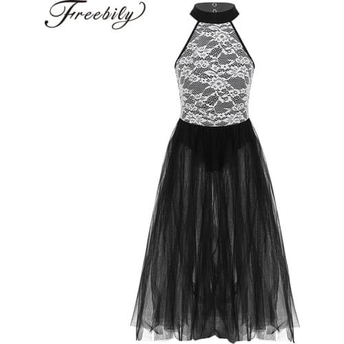 Kids Girls Sleeveless Backless Floral Lace Ballet Dance Maxi Dress with Built-In Leotard Ballerina Stage Lyrical Dance Costumes