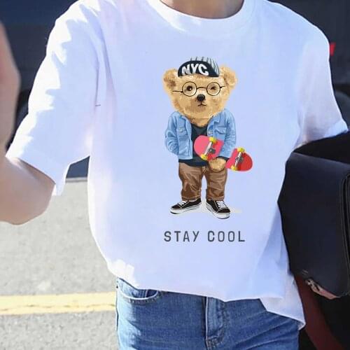 BLINGPAW Graphic T Shirts Skate Teddy Bear Stay Cool Letter Print T-shirt Pure Cotton Unisex Tees Summer Tee Shirts 19 Colors