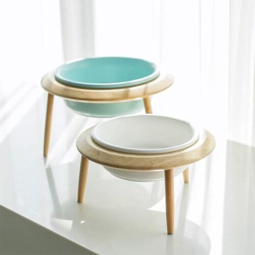 Ceramic Adjustable Elevated Raised Pet Bowl with Wood Stand for Cats and Dogs No Spill Pet Food Water Feeder