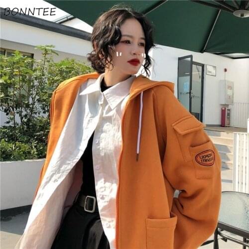 Basic Jackets Women Spring Hooded Loose Orange Outwear Ins All-match Leisure Ulzzang Students Coats Chic Printed Simple Pockets