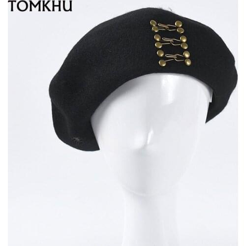 New Black 100% Wool Berets Skullies Beanies For Women Autumn And Winter High-quality Buttons With Warm Beret Painter Boina Hats
