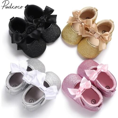 Baby First Walkers Toddler Kids Baby Girls PU Princess Bow Loving Heart Leather Shoes Bowknot Lace Up Glitter Crib Sole Sneaker