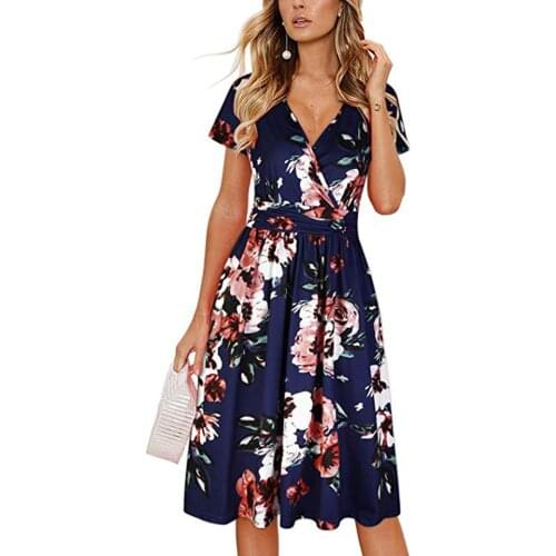 Elegant Boho Flower Print Dress Womens Bohemian Summer Printed V-neck Design Temperament Beach style Dresses Holiday Sundress
