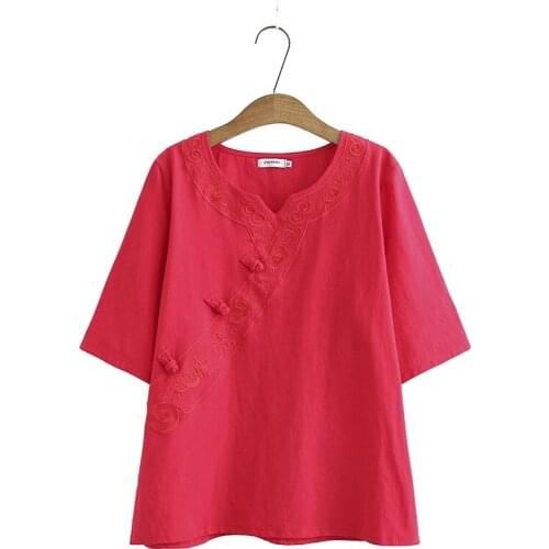 Plus Size XL-4XL Womens V-neck Shirts Embroidery Vintage Tops Half Sleeve Female Summer Tshirts