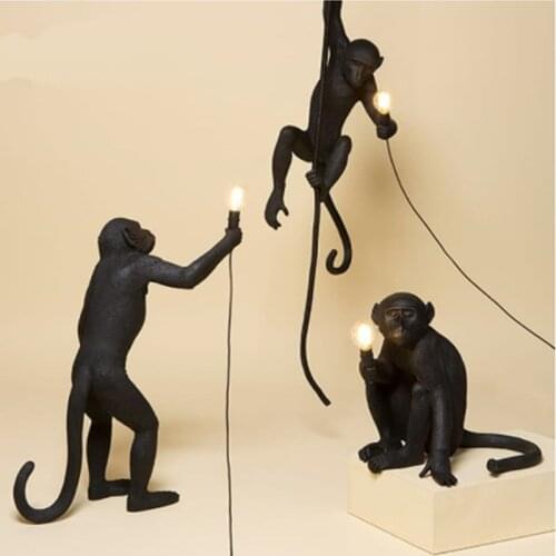 E27 Modern Black Monkey Chandelier Lamp Resin Hemp Rope Acrylic Light White Living Room Home Indoor Lights Monkeys Hanging Lamps