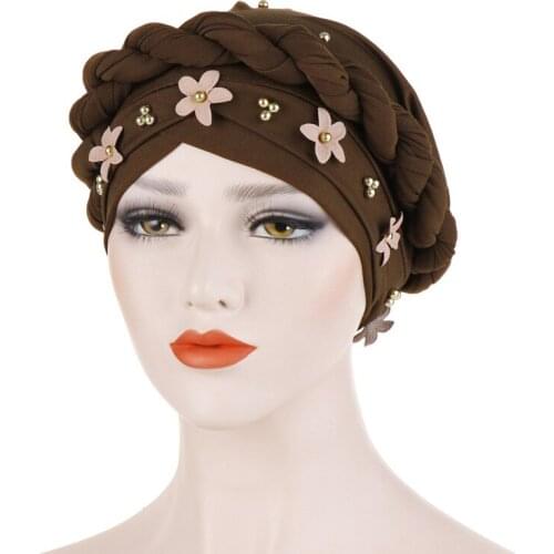 Muslim Women Braid Flower Bead Cross Silky Turban Hat Scarf Cancer Chemo Beanie Cap Headwear Head Wrap Hair Accessories