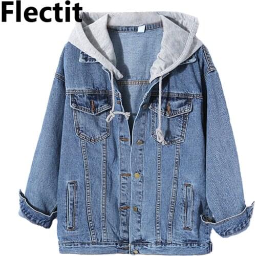 Flectit Women Jean Jacket Hooded Denim Jacket with Removable Grey Hood Oversized Jacket Coat Harajuku Street Styel