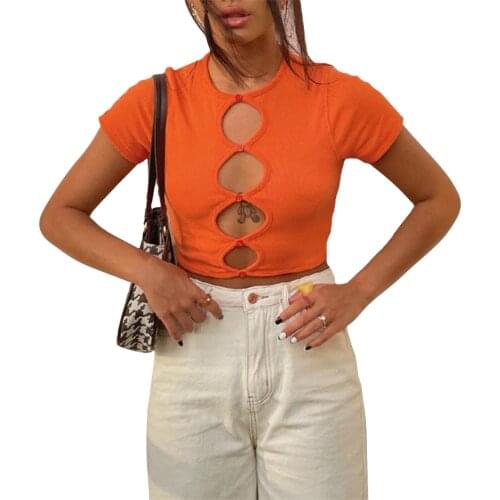 Ladies Summer Round Collar T-shirt Girls Solid Color Hollow Button Decoration Short Sleeve Slim Midriff-baring Tops