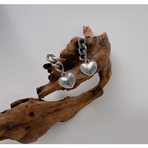 Origin Summer Fashion Silver Color Love Heart Dangle Earring for Women Girls Metal Chunky Chain Earring Jewelry Accessories