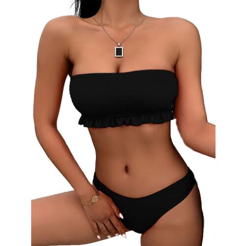 Women Swimsuit Ruffle Bikini Patchwork Flouncing Off-Shoulder Sleeveless Push Up Low Waist Briefs, No Shoulder Strap
