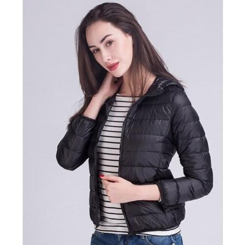 Spring Autumn Nylon Womens Down Jacket Hooded Long Sleeve Cardigan Zipper Plus Size Slim Solid Vogue Office Lady Down Jacket