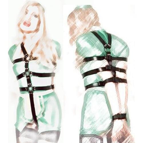 Women Open Bra Leather Chastity Harnes Lingerie Bdsm Slave Hand Behind Back Bondage Handcuffs Sexy Exotic Costume Adult Sex Toys