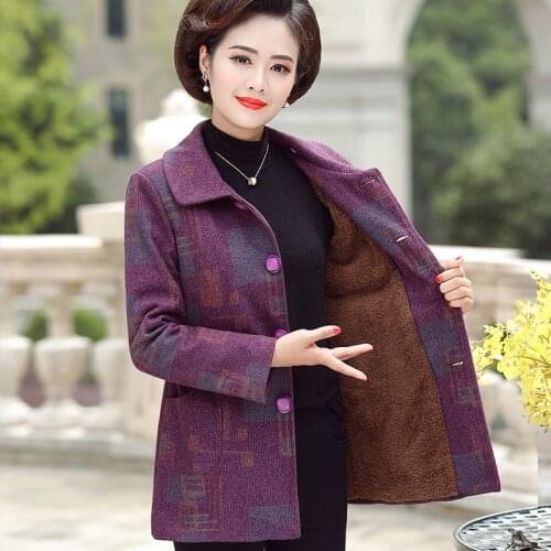 Middle-aged Mother Wool Coat NEW 2020 Autumn Winter Womens Jacket Short Plus Velvet Thicken Blended Woolen Outerwear Female Top